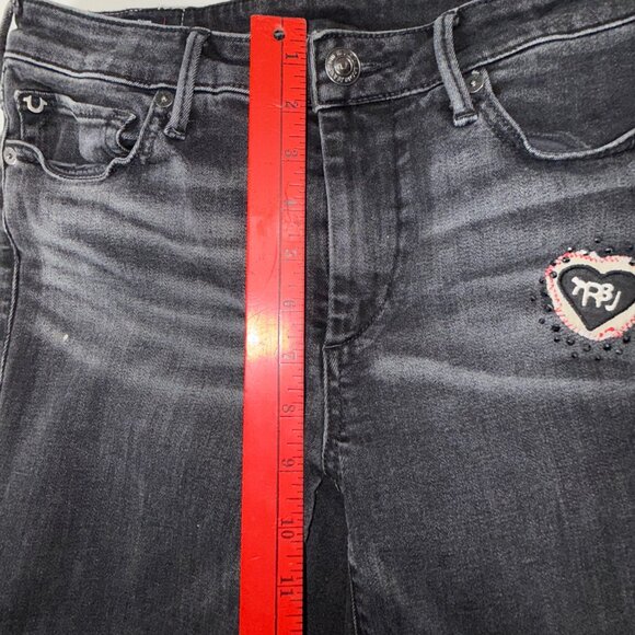True Religion Women's Halle Mid Rise Super Skinny Patched Jeans 31 Peace Sign - Picture 8 of 16
